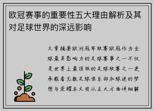 欧冠赛事的重要性五大理由解析及其对足球世界的深远影响