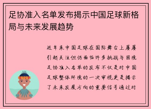 足协准入名单发布揭示中国足球新格局与未来发展趋势
